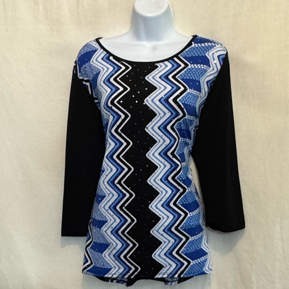 A-115‎ Alfred Dunner Black Blue & White 1/2 Sleeve Pullover Blouse Size LP